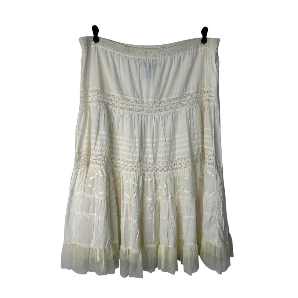 Kommotion NY Skirt L Ivory White Embroidered Tiered Ruffle Boho‎ Peasant Fairy